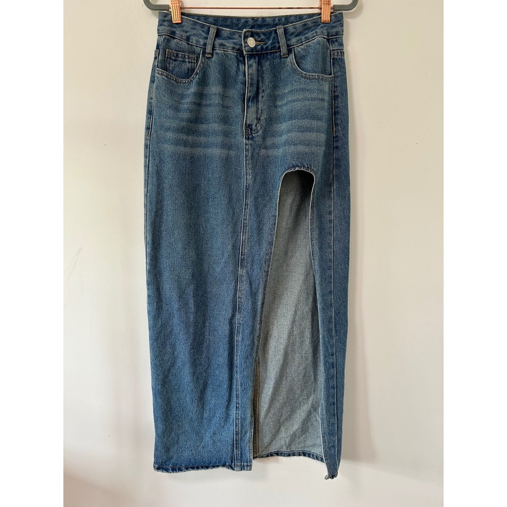 Bratz High Slit Denim Maxi Skirt Women Size S Blue Streetwear Shein